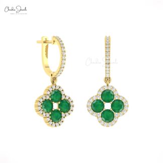 Four Leaf Halo Earrings With 3.04 Ct Emerald And Diamond Clover Earrings In 14k Real Gold