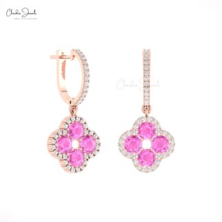 Halo Dangling Earring With 3 Ct Pink Sapphire And Diamond 14k Solid Gold Love Earrings