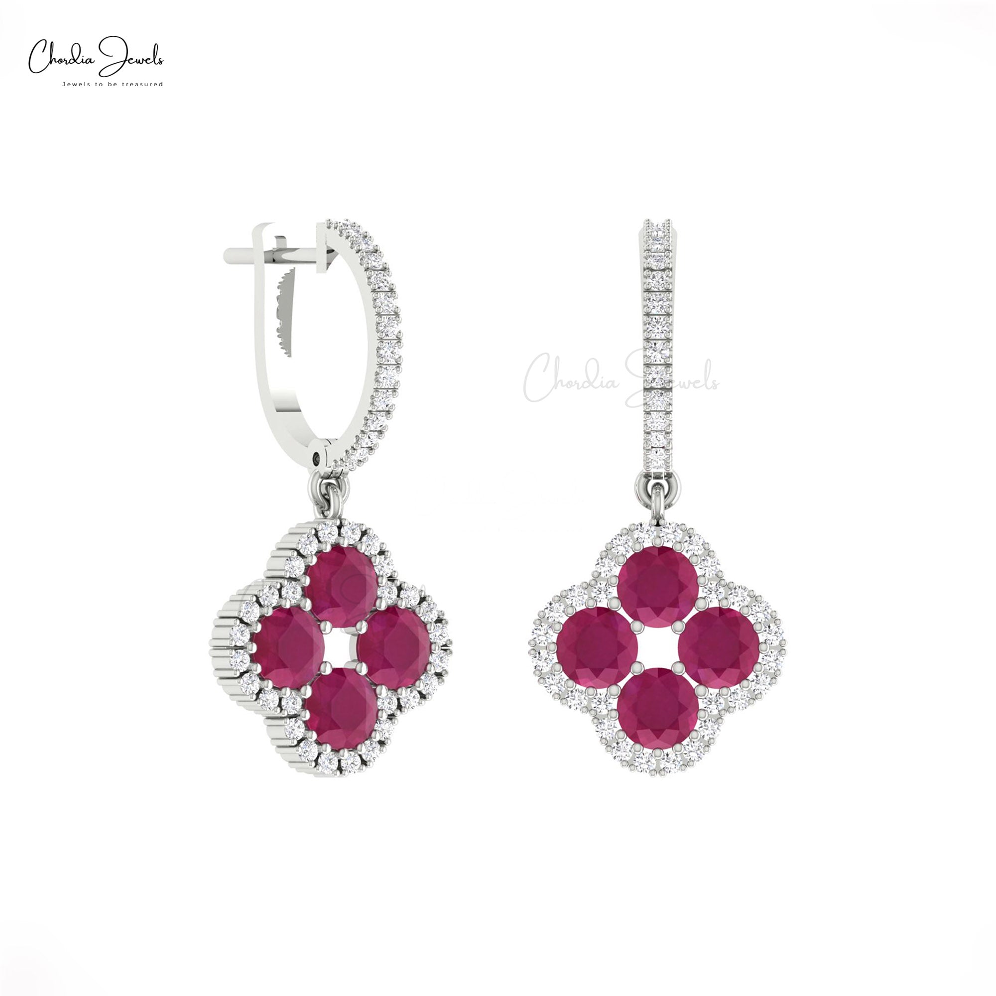 Halo Clover Diamond Earring In Solid 14k Gold Burma Ruby 4mm Gemstone Earrings For Her