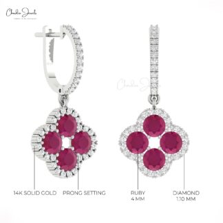 Halo Clover Diamond Earring In Solid 14k Gold Burma Ruby 4mm Gemstone Earrings For Her