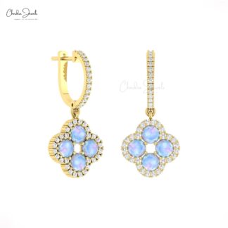 Four Leaf Clover Earring In 14k Solid Gold Rainbow Moonstone Pave Diamond Earrings