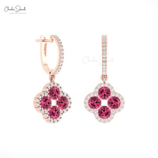 Round Halo Diamond Earring With 4mm Pink Tourmaline 14k Real Gold Dangle Women Earrings