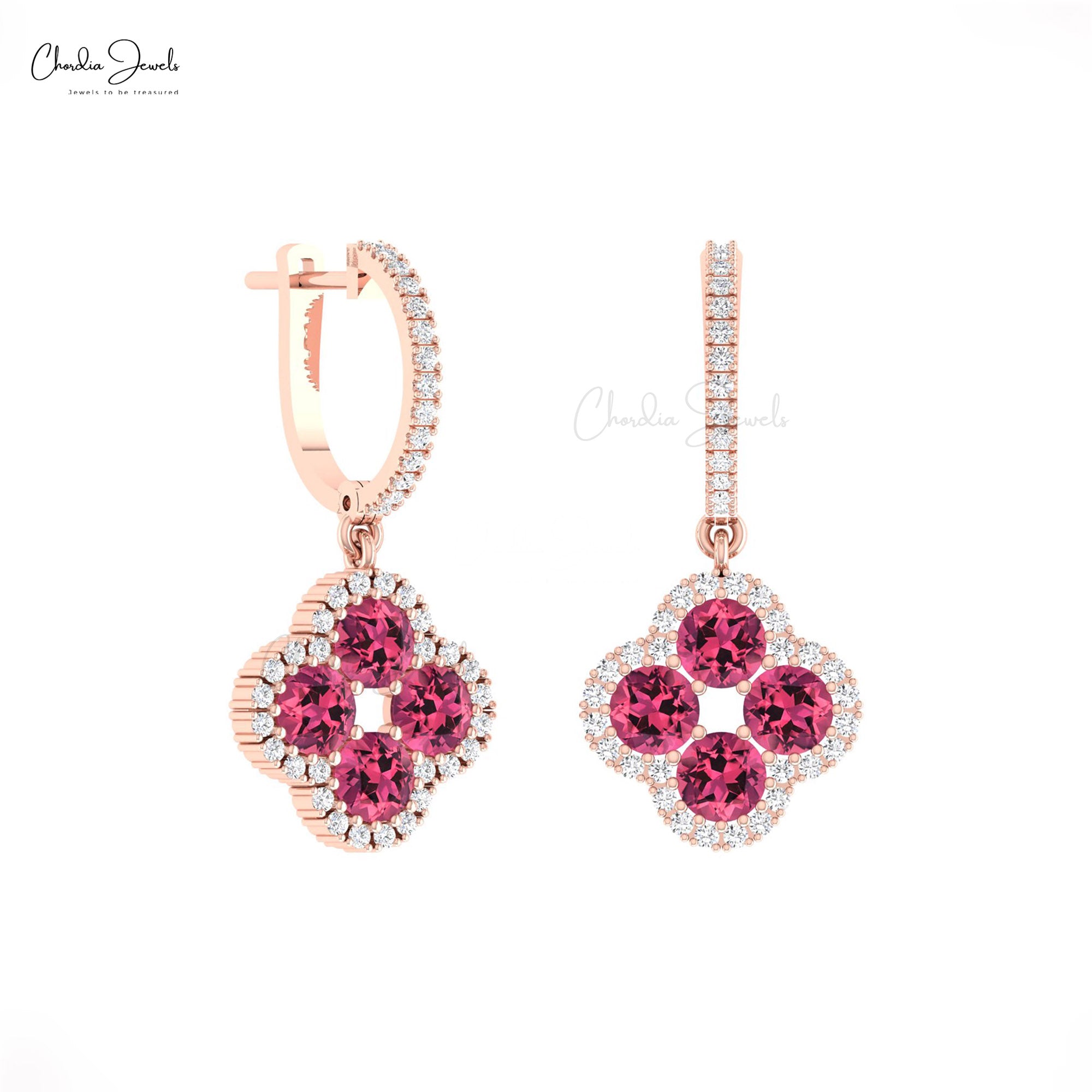 Round Halo Diamond Earring With 4mm Pink Tourmaline 14k Real Gold Dangle Women Earrings