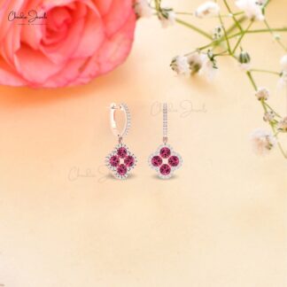 Round Halo Diamond Earring With 4mm Pink Tourmaline 14k Real Gold Dangle Women Earrings
