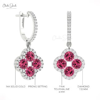 Round Halo Diamond Earring With 4mm Pink Tourmaline 14k Real Gold Dangle Women Earrings