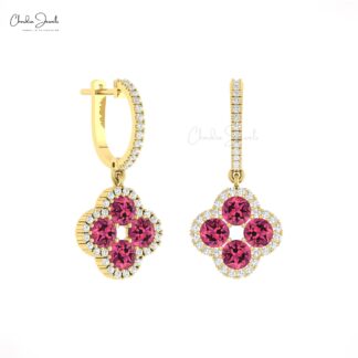 Round Halo Diamond Earring With 4mm Pink Tourmaline 14k Real Gold Dangle Women Earrings