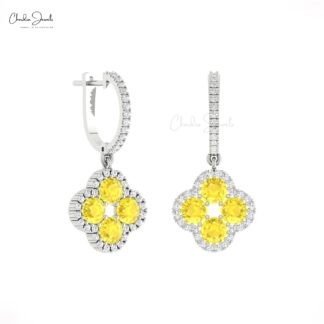 Clover Halo Earring In 14k Solid Gold Yellow Sapphire Diamond Floral Latch Back Earrings