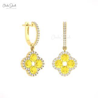 Clover Halo Earring In 14k Solid Gold Yellow Sapphire Diamond Floral Latch Back Earrings