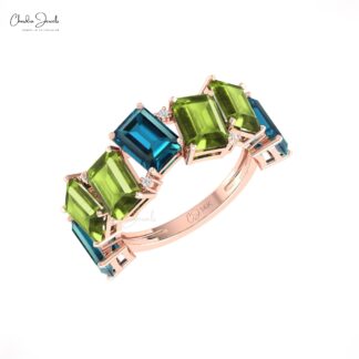 Octagon London Blue Topaz Half Eternity Band With Peridot And Diamond 14k Real Gold Ring