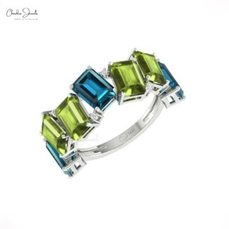 Octagon London Blue Topaz Half Eternity Band With Peridot And Diamond 14k Real Gold Ring