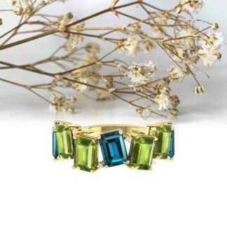 Octagon London Blue Topaz Half Eternity Band With Peridot And Diamond 14k Real Gold Ring