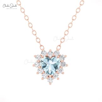 Genuine Aquamarine Heart Chain Necklace With G-H Diamond 14k Real Gold Fine Jewelry