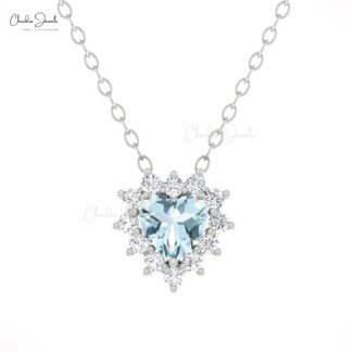 Genuine Aquamarine Heart Chain Necklace With G-H Diamond 14k Real Gold Fine Jewelry
