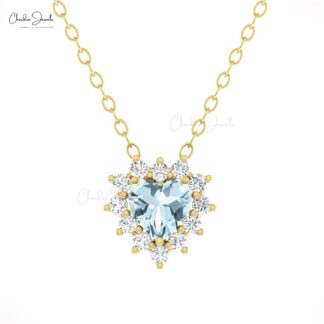Genuine Aquamarine Heart Chain Necklace With G-H Diamond 14k Real Gold Fine Jewelry