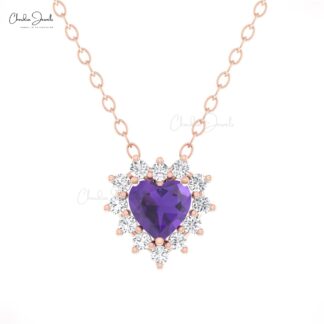 Heart Shape Cluster Necklace In Pure 14k Gold Amethyst Diamond Halo Chain Necklaces