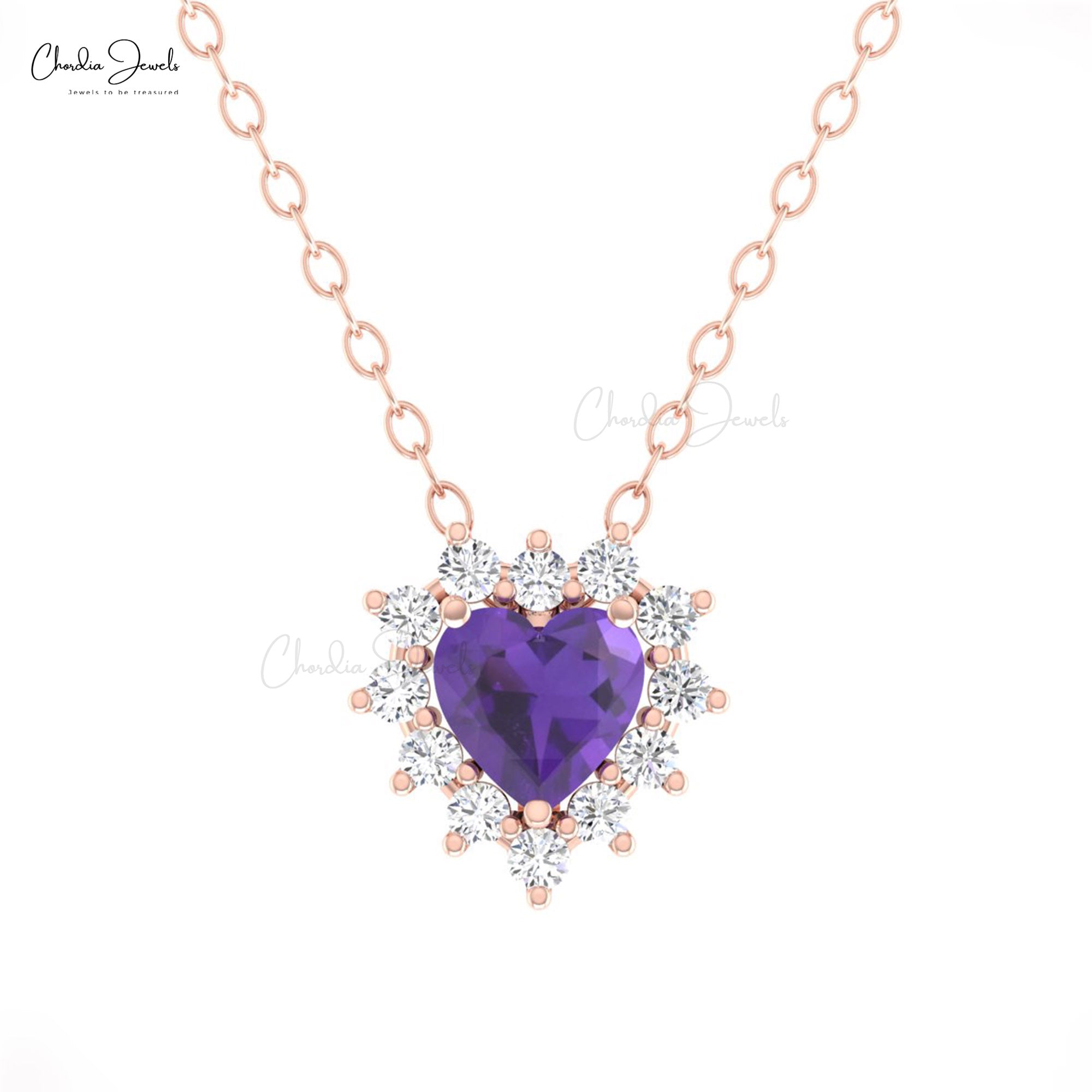 Heart Shape Cluster Necklace In Pure 14k Gold Amethyst Diamond Halo Chain Necklaces