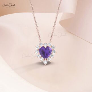 Heart Shape Cluster Necklace In Pure 14k Gold Amethyst Diamond Halo Chain Necklaces