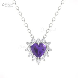 Heart Shape Cluster Necklace In Pure 14k Gold Amethyst Diamond Halo Chain Necklaces