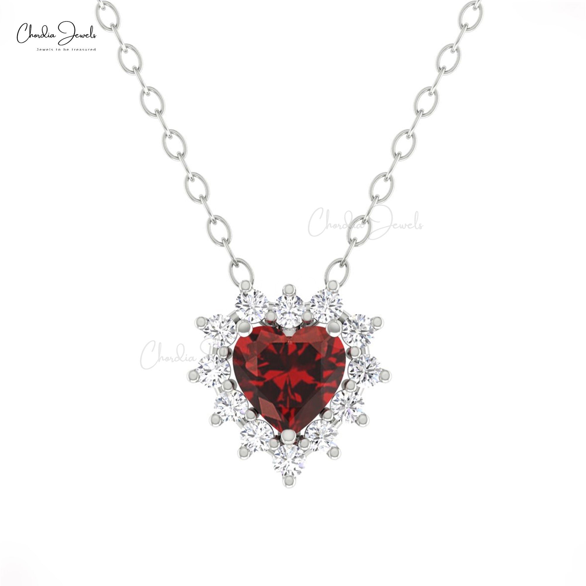 Small Diamond Halo Necklace With 5mm Heart Cut Garnet Prong Set In 4k Real Gold Necklace