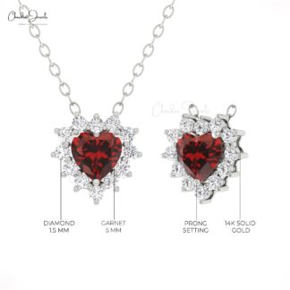Small Diamond Halo Necklace With 5mm Heart Cut Garnet Prong Set In 4k Real Gold Necklace