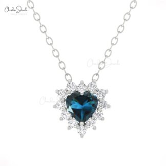 Cluster Heart Love Necklace With 0.42 Ct London Blue Topaz Diamond 14k Real Gold Jewelry