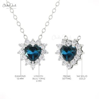 Cluster Heart Love Necklace With 0.42 Ct London Blue Topaz Diamond 14k Real Gold Jewelry