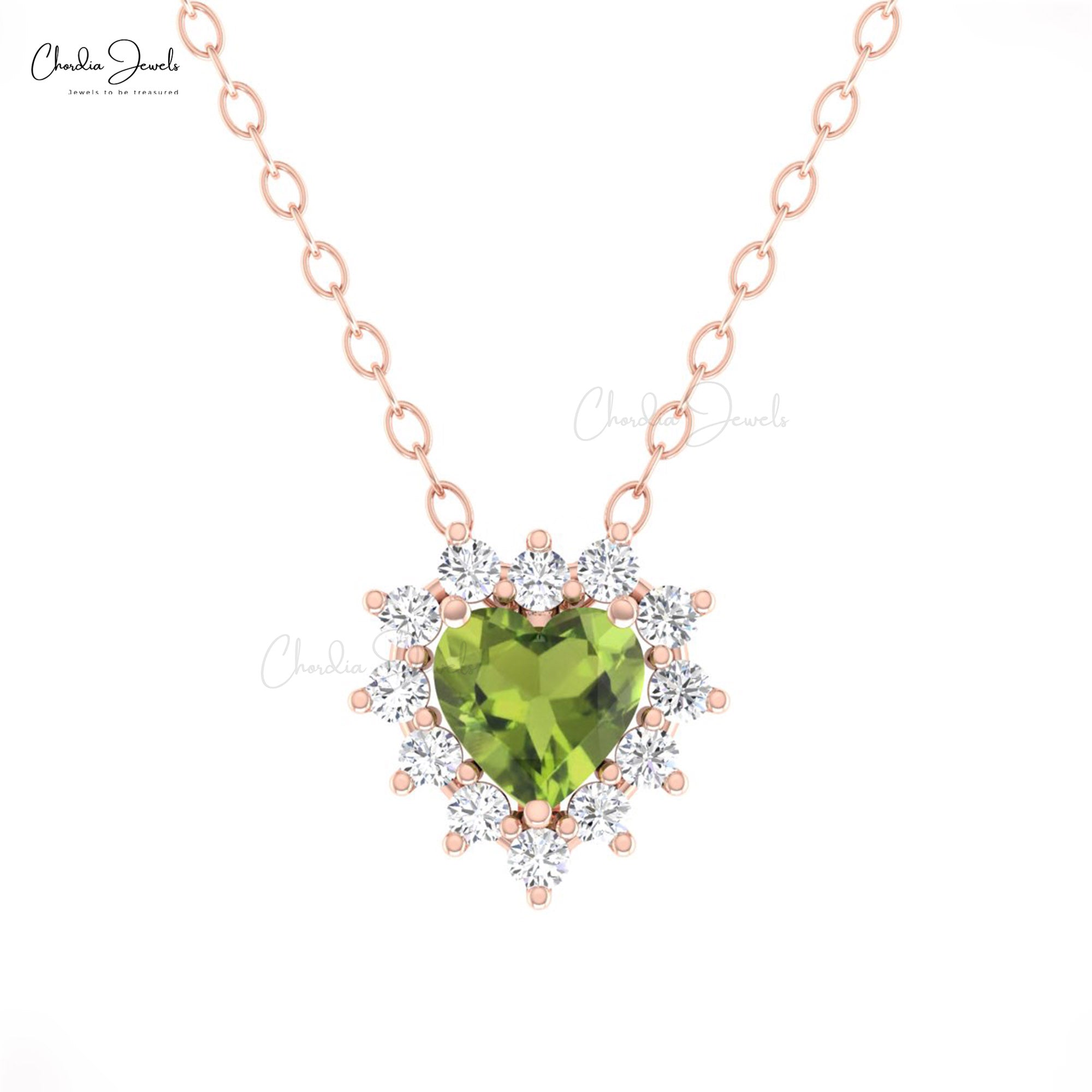 Halo Diamond Necklace In 14k Pure Gold Peridot 0.4 Ct Heart Gemstone Chain Necklaces