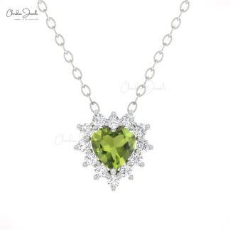 Halo Diamond Necklace In 14k Pure Gold Peridot 0.4 Ct Heart Gemstone Chain Necklaces