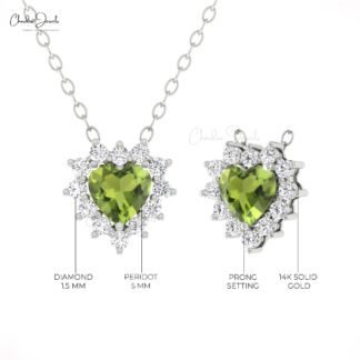 Halo Diamond Necklace In 14k Pure Gold Peridot 0.4 Ct Heart Gemstone Chain Necklaces