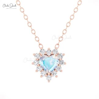 Heart Gemstone Chain Necklace In 14k Real Gold Rainbow Moonstone Diamond Bridal Necklaces