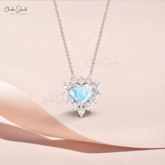 Heart Gemstone Chain Necklace In 14k Real Gold Rainbow Moonstone Diamond Bridal Necklaces