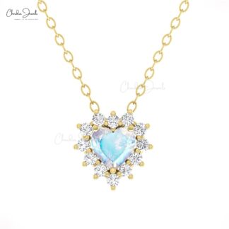 Heart Gemstone Chain Necklace In 14k Real Gold Rainbow Moonstone Diamond Bridal Necklaces