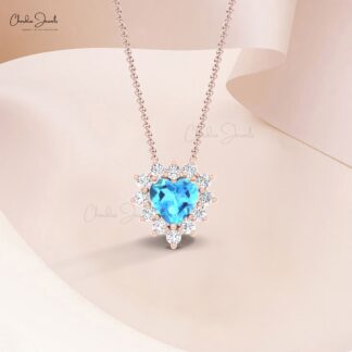Gemstone Love Necklace In Solid 14k Gold Swiss Blue Topaz Diamond Halo Chain Necklaces