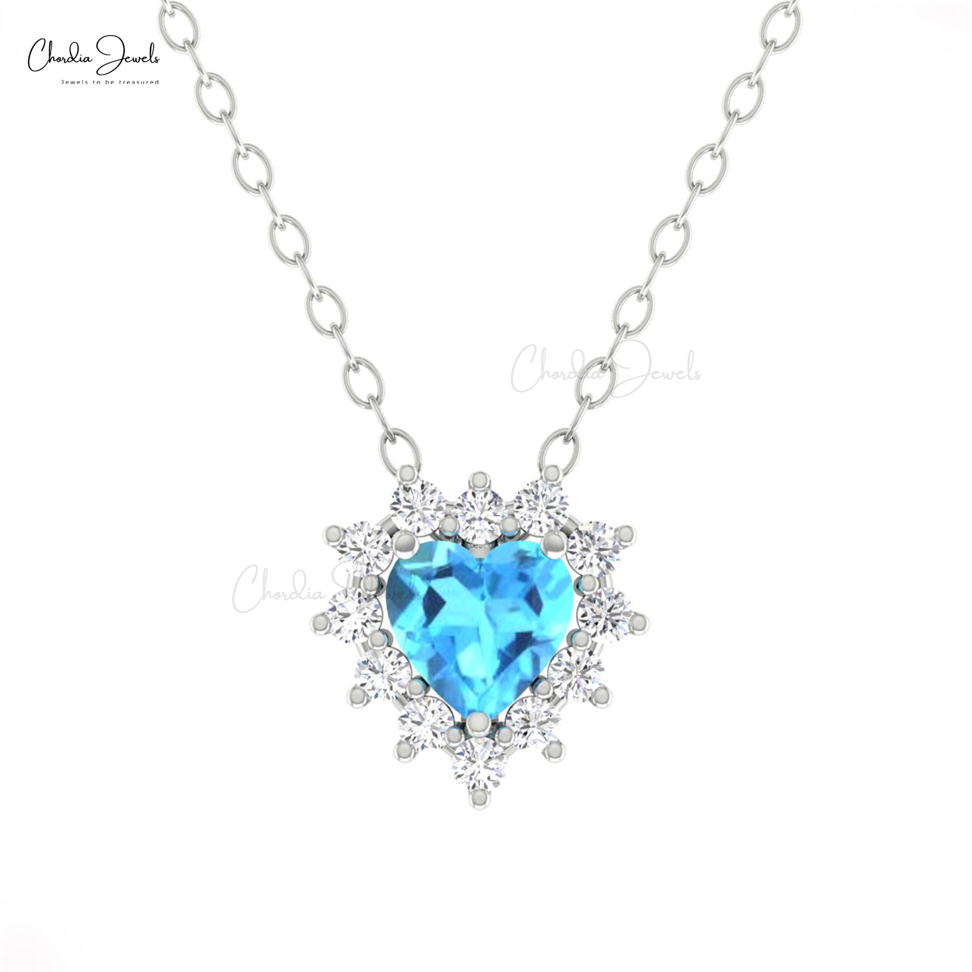 Gemstone Love Necklace In Solid 14k Gold Swiss Blue Topaz Diamond Halo Chain Necklaces