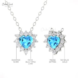 Gemstone Love Necklace In Solid 14k Gold Swiss Blue Topaz Diamond Halo Chain Necklaces