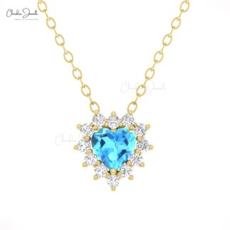 Gemstone Love Necklace In Solid 14k Gold Swiss Blue Topaz Diamond Halo Chain Necklaces