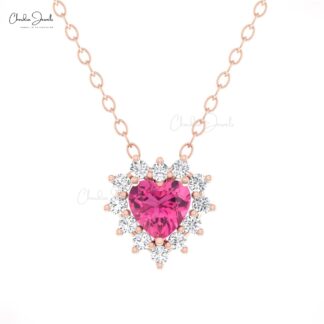 Cluster Diamond Halo Necklace In Solid 14k Gold Pink Tourmaline 0.42 Ct Heart Necklaces