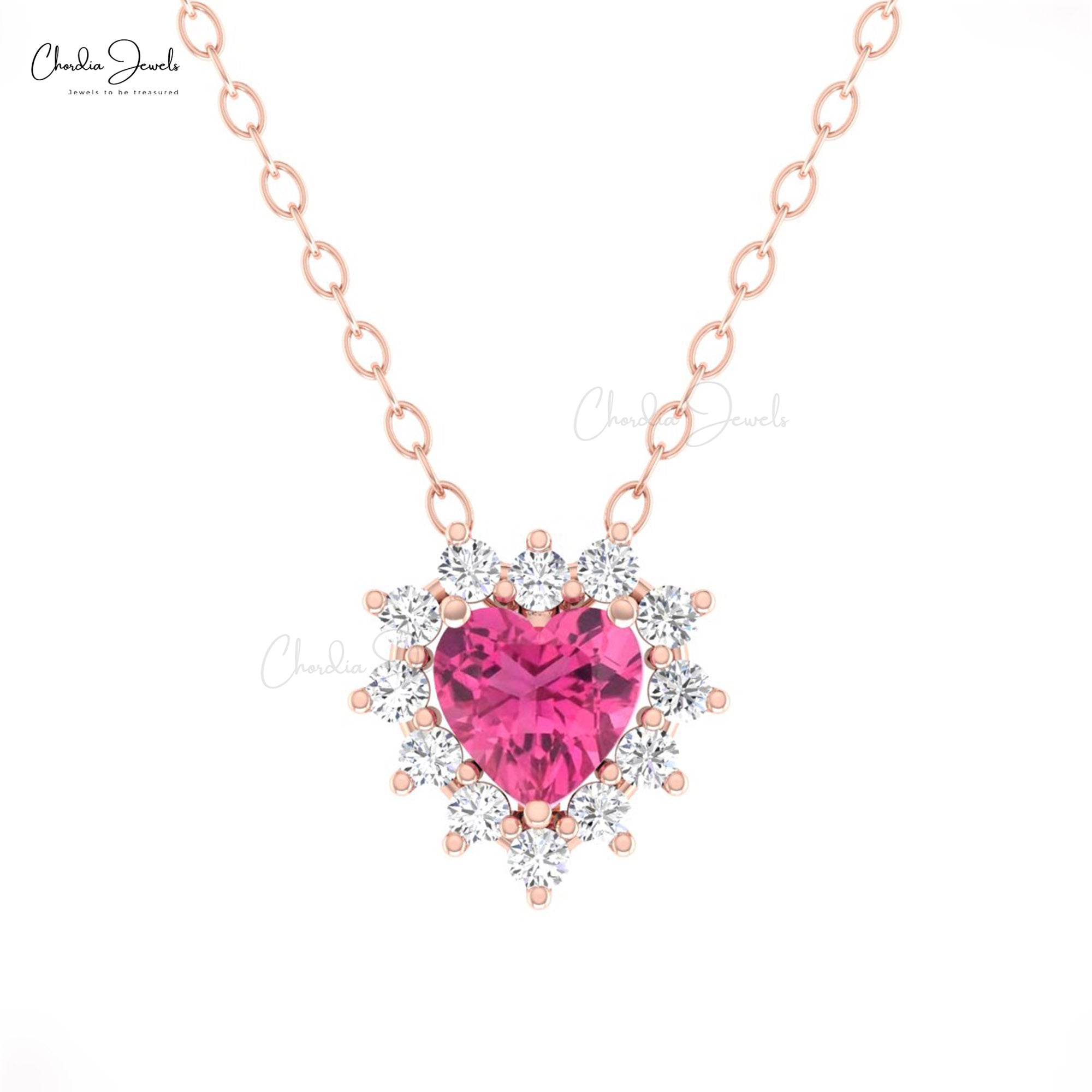 Cluster Diamond Halo Necklace In Solid 14k Gold Pink Tourmaline 0.42 Ct Heart Necklaces