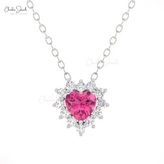 Cluster Diamond Halo Necklace In Solid 14k Gold Pink Tourmaline 0.42 Ct Heart Necklaces