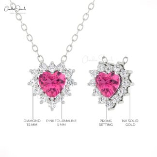 Cluster Diamond Halo Necklace In Solid 14k Gold Pink Tourmaline 0.42 Ct Heart Necklaces