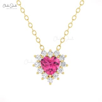 Cluster Diamond Halo Necklace In Solid 14k Gold Pink Tourmaline 0.42 Ct Heart Necklaces