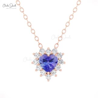 Halo Heart Chain Necklace With 5mm Tanzanite G-H Diamond 14k Real Gold Love Necklaces