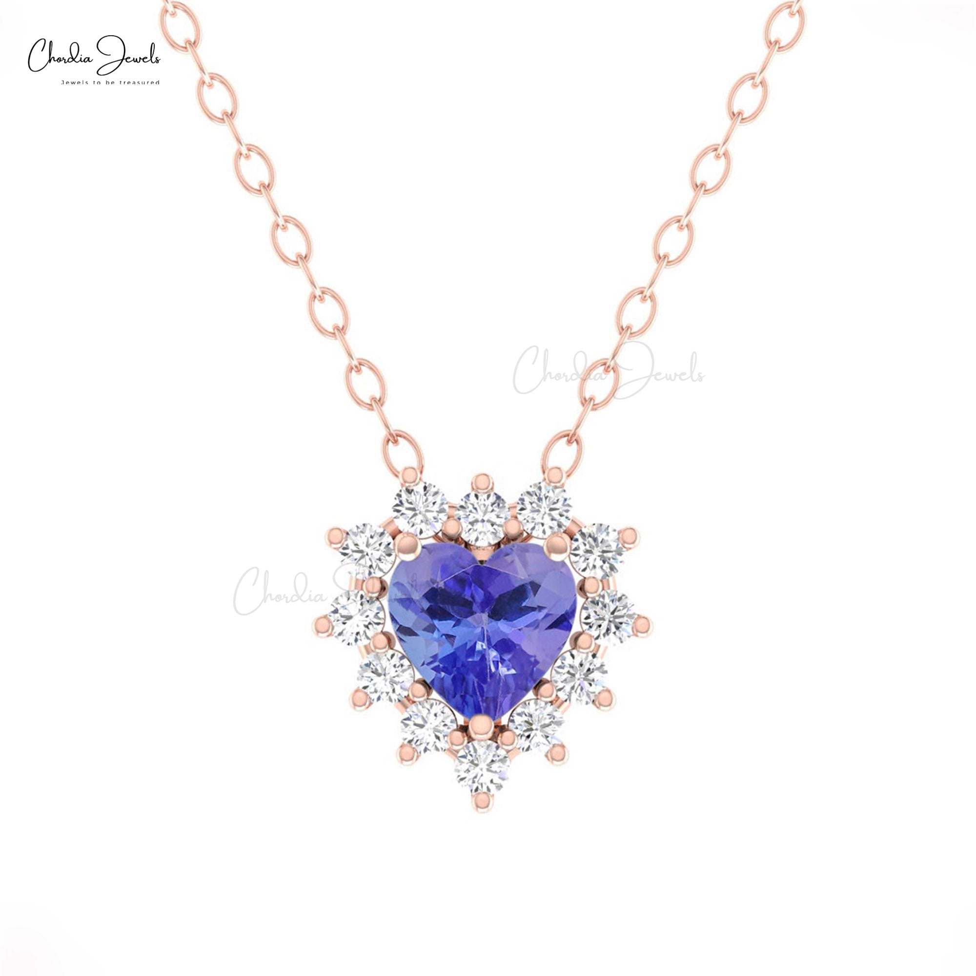 Halo Heart Chain Necklace With 5mm Tanzanite G-H Diamond 14k Real Gold Love Necklaces