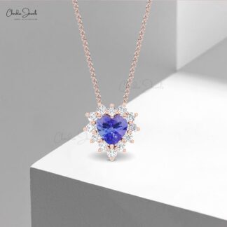 Halo Heart Chain Necklace With 5mm Tanzanite G-H Diamond 14k Real Gold Love Necklaces
