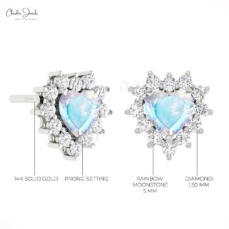 Cluster Halo Diamond Earrings With 5mm Rainbow Moonstone Prong Set In 14k Gold Studs