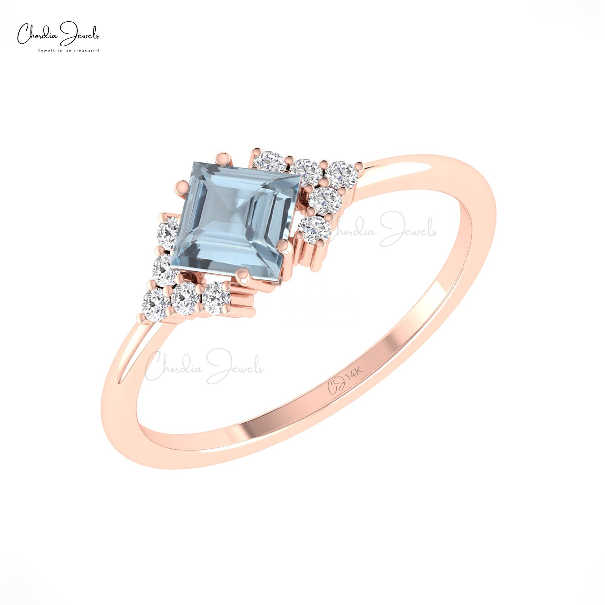 Delicate Diamond Halfway Ring With 0.6 Ct Aquamarine Square Cut 14k Real Gold Halo Rings