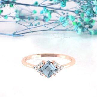 Delicate Diamond Halfway Ring With 0.6 Ct Aquamarine Square Cut 14k Real Gold Halo Rings