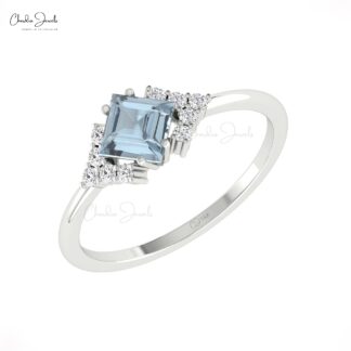 Delicate Diamond Halfway Ring With 0.6 Ct Aquamarine Square Cut 14k Real Gold Halo Rings
