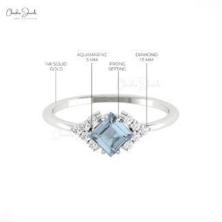 Delicate Diamond Halfway Ring With 0.6 Ct Aquamarine Square Cut 14k Real Gold Halo Rings