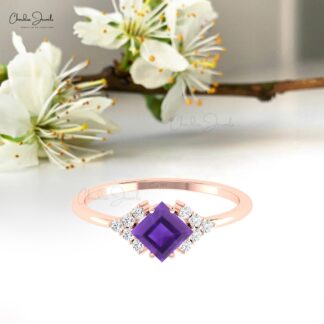 Dainty Half Halo Promise Ring In Pure 14k Gold Amethyst 5mm Square And Diamond Rings